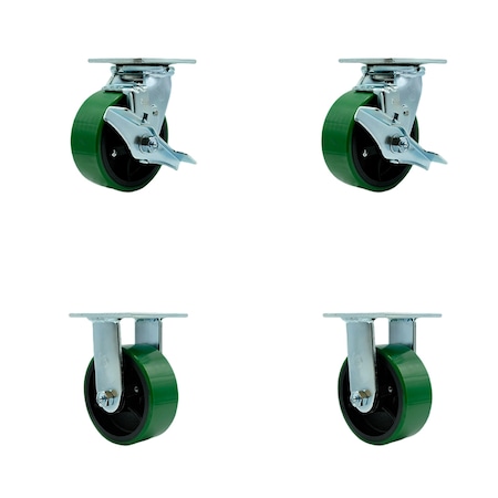 Service Caster 5 Inch Green Poly on Cast Iron Caster Set with Roller Bearings 2 Brakes 2 Rigid SCC-30CS520-PUR-GB-TLB-2-R520-2